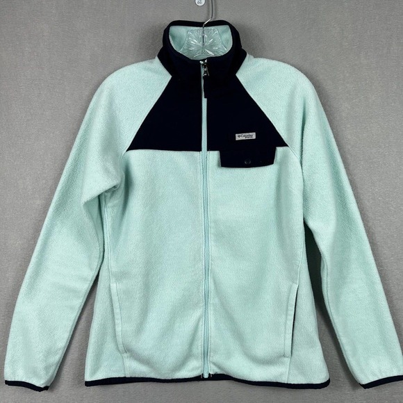 Columbia Full Zip Fleece Jacket Small PFG Green Blue Colorblock W Pockets cozy - Picture 2 of 13
